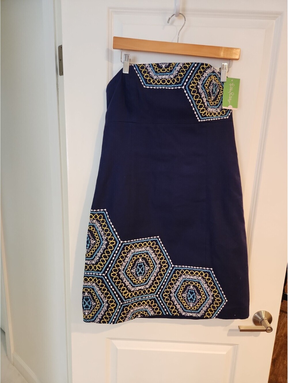 Lilly Pulitzer Dress Womens 10 Bowen Navy Blu Geo Embroidered Strapless NWT $268
